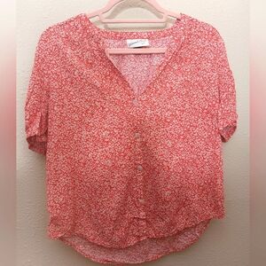 Coral Button Down Red Floral Blouse